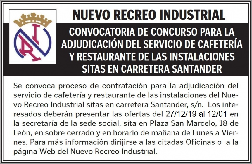 CONVOCATORIA CONCESIÓN CAFETERÍA Y RESTAURANTE DICIEMBRE 2019