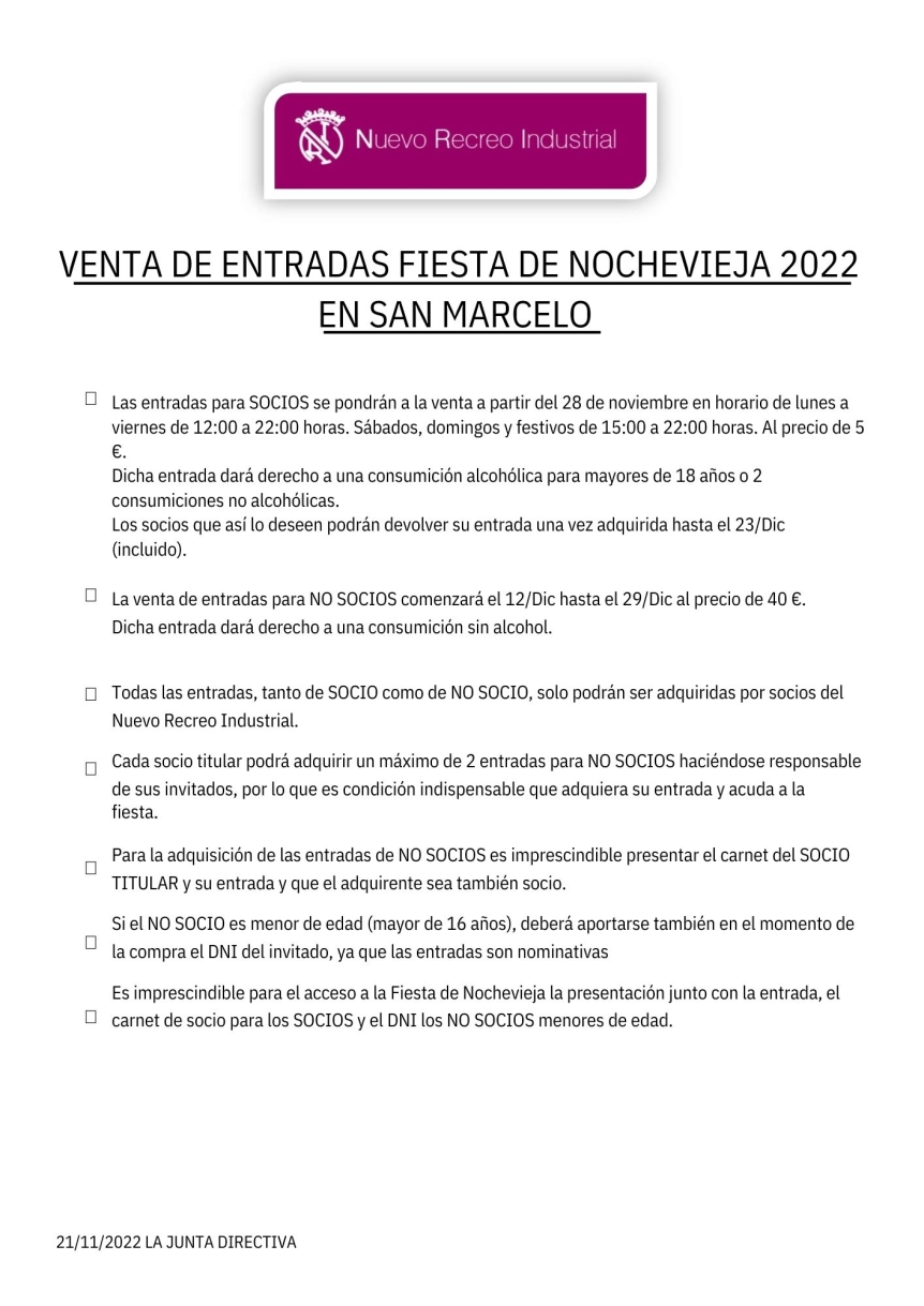 VENTA DE ENTRADAS NOCHEVIEJA